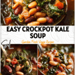 Close-up of a slow cooker filled with Kale Soup Crockpot recipe of beans and chopped kale.